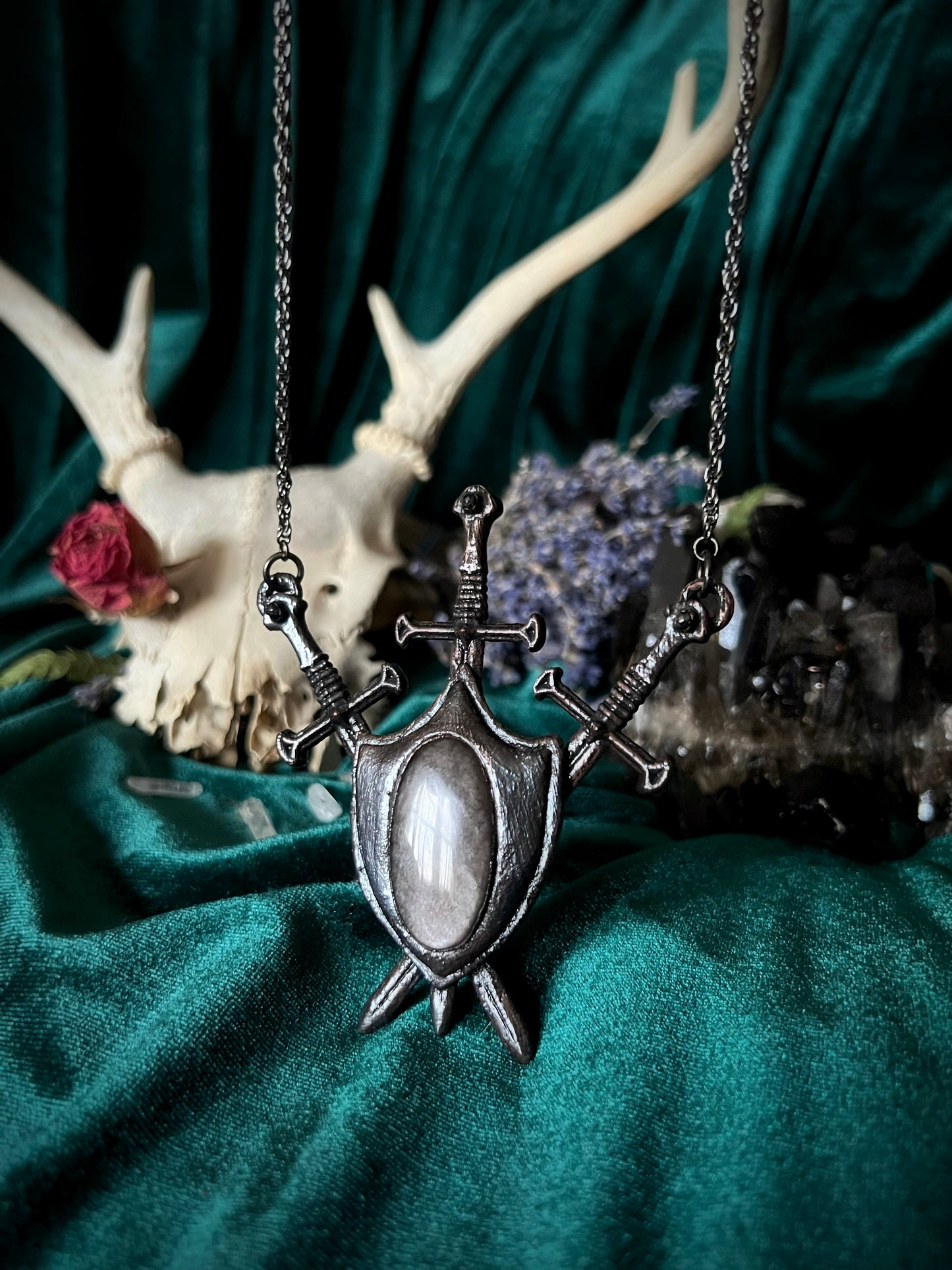 Three of Swords Shield - Silver Sheen Obsidian