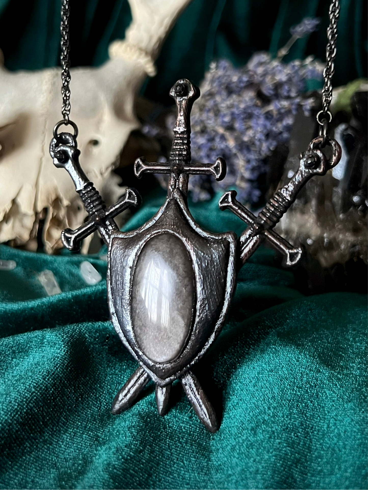 Three of Swords Shield - Silver Sheen Obsidian